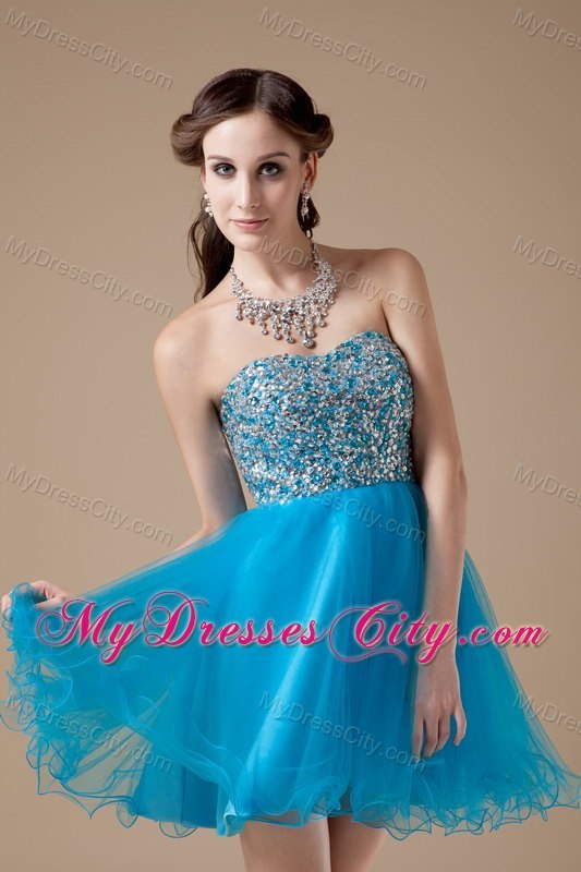 Teal Strapless Short Cocktail Dress Made by Organza and Beading